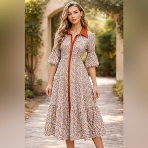 Honey By Busy Bee Smocks Floral Button-Front Maxi Dress in Rust & Blue